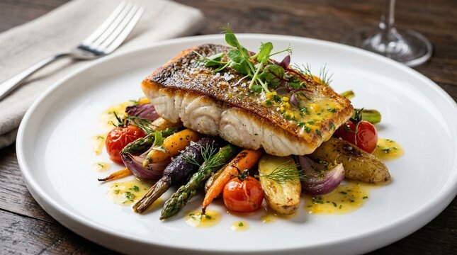 Pan-seared fish fillet with roasted vegetables on a white plate  