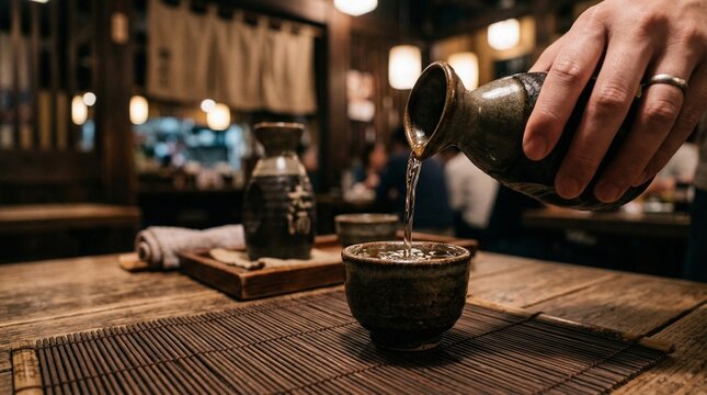 Man pouring sake into ceramic cup on wooden table in Japanese restaurant  
