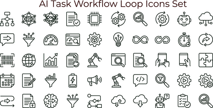 AI task workflow loop outline vector icon set for automation analytics dashboards interfaces productivity tools and digital technology systems