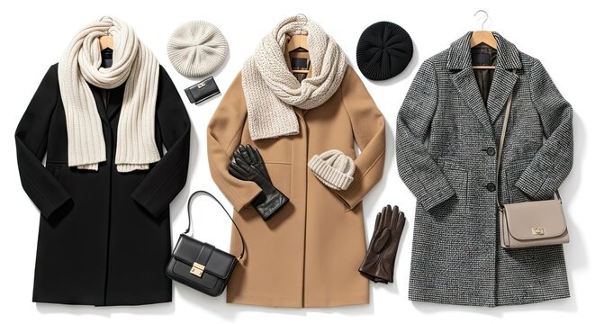 A stylish arrangement of winter coats and accessories on a white background