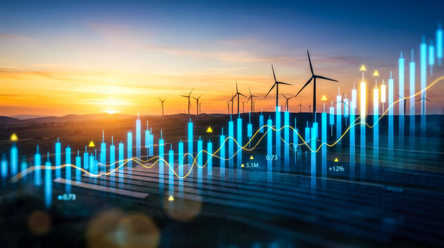 Financial Growth Charts Overlaid on a Sustainable Wind Energy Farm at Golden Sunset