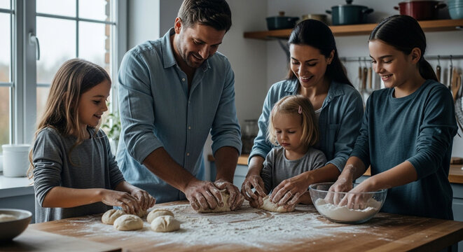 family baking together in kitchen with children