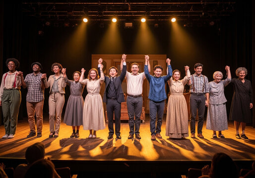 Diverse community theater group celebrating on stage under warm spotlight