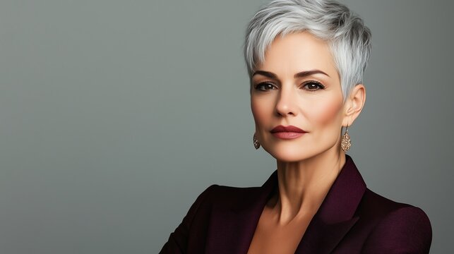 Glamorous woman in her early 60s, trendy textured silver pixie hairstyle with volume at crown, healthy glowing skin, professional fashion studio photography