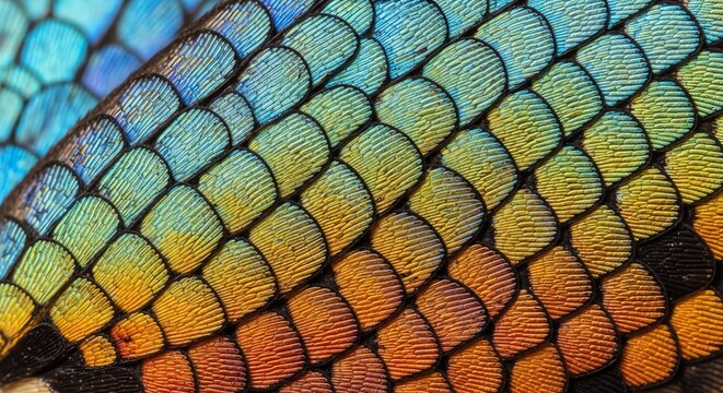 Close-up of colorful fish scales displaying vibrant patterns and textures.