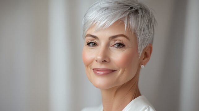 Stunning mature woman over 60 with perfectly styled silver pixie cut, textured spiky top with side-swept layers, radiant confidence, high-end beauty editorial photography