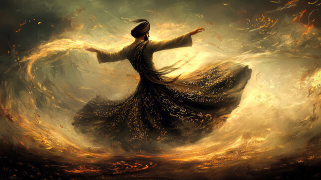 A stylized Sufi dervish dancing in the wind, deep spiritual connection concept