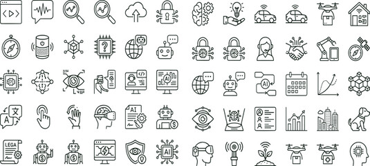 Obraz premium Artificial intelligence automation technology outline vector icon set for smart systems analytics robotics dashboards interfaces and digital innovation applications