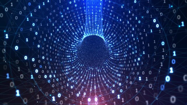 Binary Code Tunnel Cyberspace Background, tunnel made of glowing binary numbers forming digital network space. Perfect for programming, artificial intelligence, big data futuristic technology visuals.