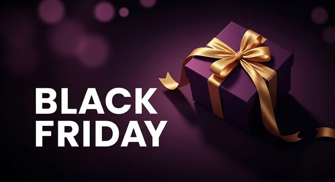 Black friday sale advertisement with gift box and golden ribbon