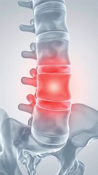Lower back pain spine anatomy lumbar vertebra disc inflammation medical illustration showing inflamed lumbar disc red highlight around lumbar spine sciatic nerve pelvis bone isolated transparent