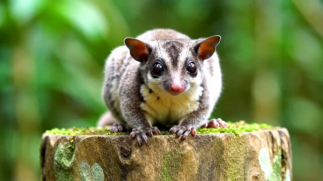 Closeup of a cute sugar glider on a mossy tree stump in a lush green forest.