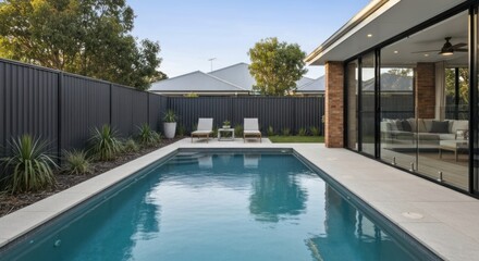 Fototapeta premium Modern outdoor area with pool, lounge chairs, patio, and glass doors