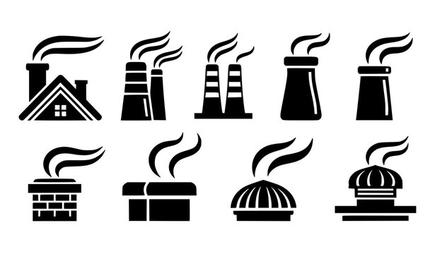 Chimney smoke icon set black vector fireplace and industrial stack silhouette isolated on white