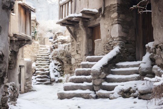 Masuleh village in iran presenting ancient stone architecture and snow covered stairs