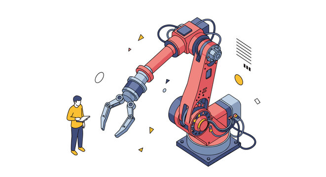 Collaborative industrial automation featuring a large robotic arm being programmed and monitored by a skilled technician.