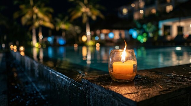 Candle burning on the poolside at night. Romantic atmosphere at a tropical resort. Illumination for a relaxing evening, luxury spa design, summer vacation leisure and travel concept.