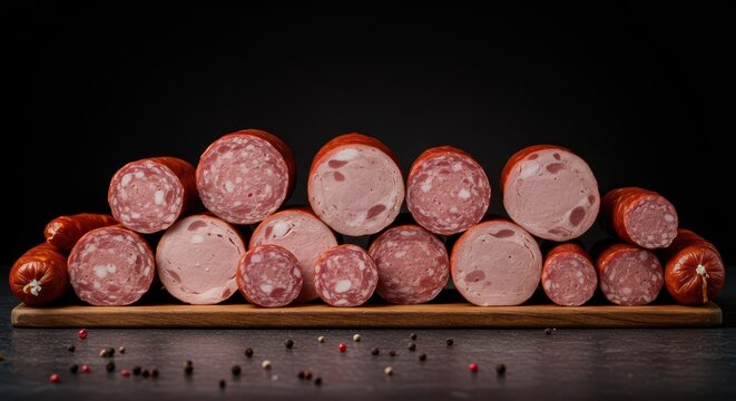 Eine bunte Vielfalt von geschnittenen Fleischwaren und Wurstsorten, darunter herzhafte Rohwurst, Kochwurst und feiner Schinken, perfekt f&uuml;r Buffets, frisch, Vielfalt, K&uuml;che