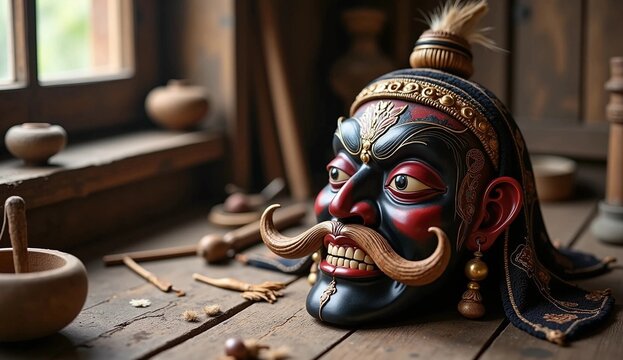 Antique Cirebon Topeng Kelana Mask with Large Moustache in Artisan Studio
