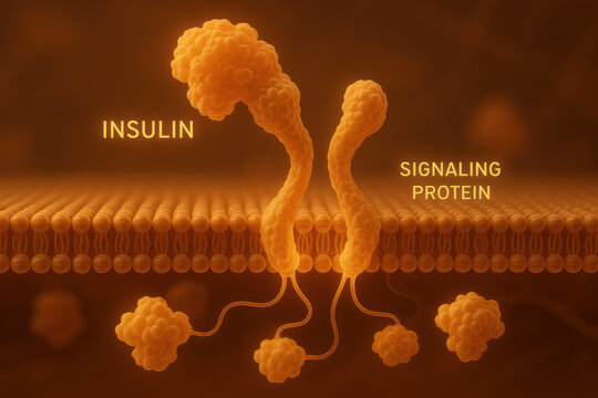 Detailed molecular biology scene shows insulin binding to receptor on cell membrane. Scientific illustration accurately depicts signaling protein and hormone