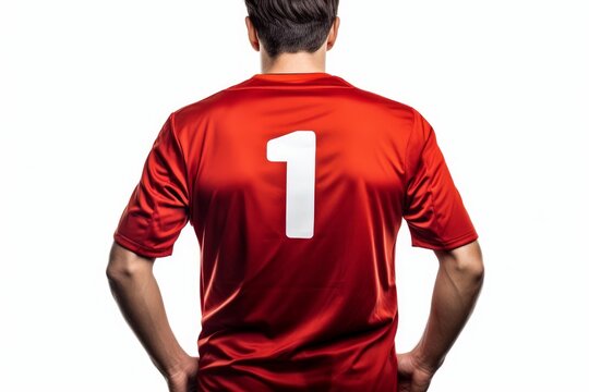 Athlete wearing red team jersey displaying number one on a white background