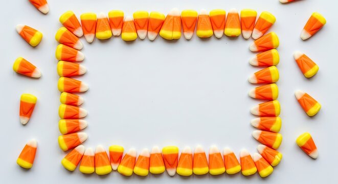 A creative arrangement of candy corn forming a rectangular border on a white surface