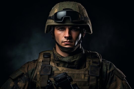 Soldier in camouflage uniform wearing helmet and ballistic vest, looking forward with copy space