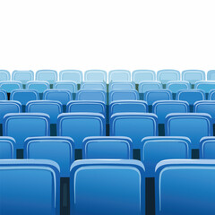 Fototapeta premium Rows of blue seating arranged in neat pattern against white background