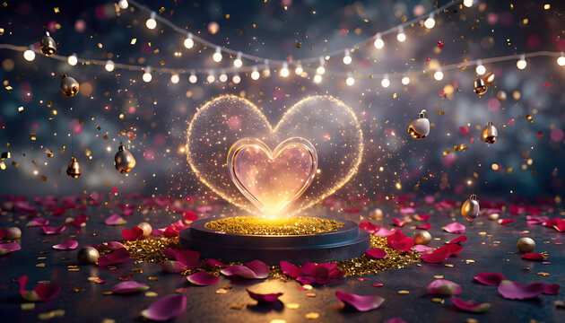 A dazzling heart emblem rests on a pedestal, bathed in golden light and surrounded by scattered rose petals and twinkling bokeh lights, evoking a sense of romance and celebration