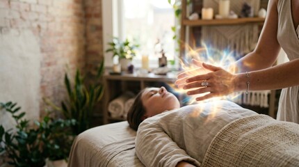 Obraz premium Healer performing reiki energy therapy on woman lying on spa massage table. Alternative medicine and holistic wellness concept. Body relaxation treatment in professional spa studio interior.