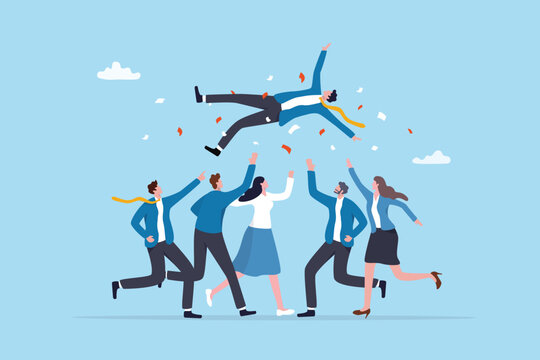 Employee achievement celebration, congratulate colleague for job promotion, team success or leadership award, winning applause manager, employees coworker celebrate or congratulate winner colleague.