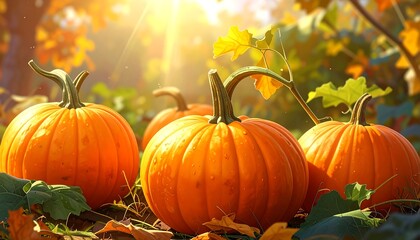 Naklejka premium A warmly lit image of pumpkins surrounded by autumn leaves and vines