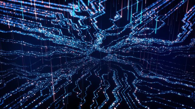 Fiber Optic Data Transmission on Digital Circuit Grid light streams raining down onto blue integrated circuit board. for fiber optic internet, broadband speed, and cloud data center visualizations.