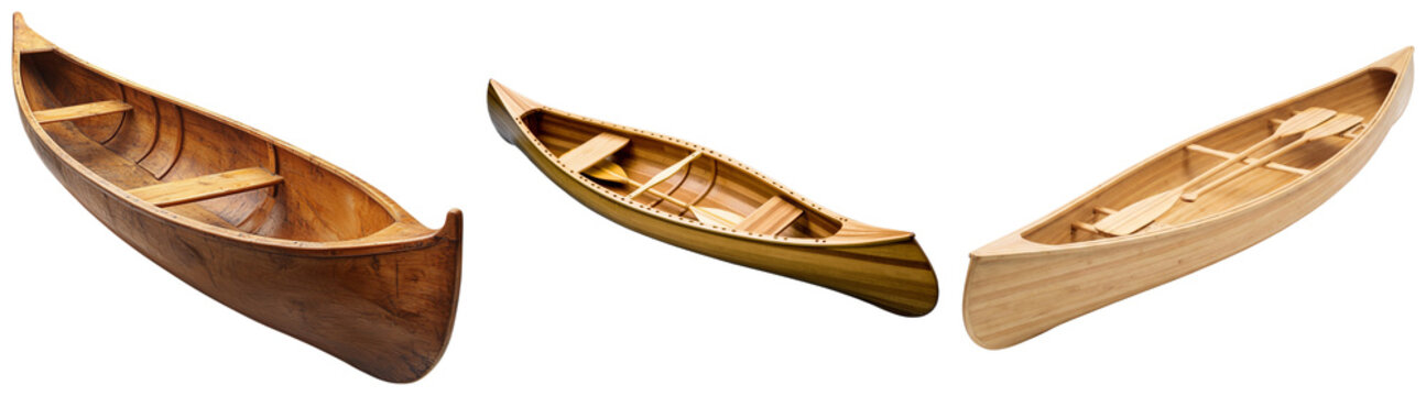 Three beautifully crafted wooden canoes of various designs and wood tones, isolated as 3D renders.