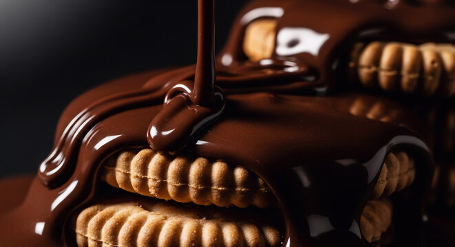 A close-up view of a delicious chocolate covered oreo cookie being drenched in rich liquid melted chocolate, capturing the indulgent and sweet dessert