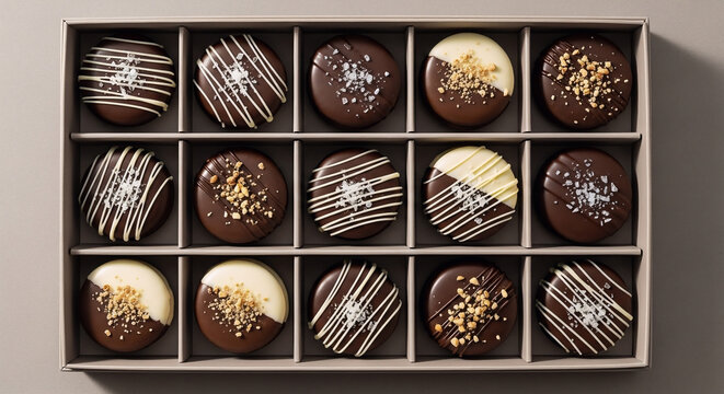 A top-down view of a sophisticated gift box containing an assortment of gourmet chocolate covered oreo cookies decorated with diverse toppings and drizzles