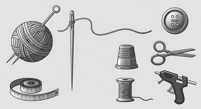 Collection of sewing and crafting supplies including a ball of yarn, needle, thread, thimble, scissors, tape measure, button, and glue gun