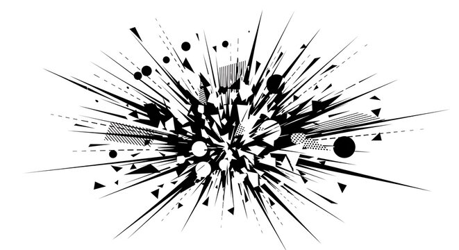 Explosion of abstract shapes and lines creating a dynamic, chaotic burst of energy and movement, representing a powerful artistic concept
