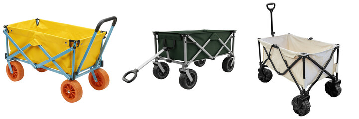 A versatile collection of three collapsible utility wagons in different colors, isolated on transparent background. © Feroz Qazi