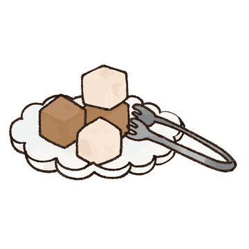 Cute hand-drawn sugar cubes illustration stacked on fluffy lace with dessert fork, cafe tea time clipart on white background