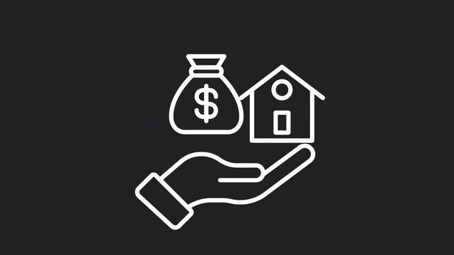 Animated Hand Holding Money Bag and House White  Line Icon. Property investment home purchase and financial asset concept. Icon animation on transparent background
