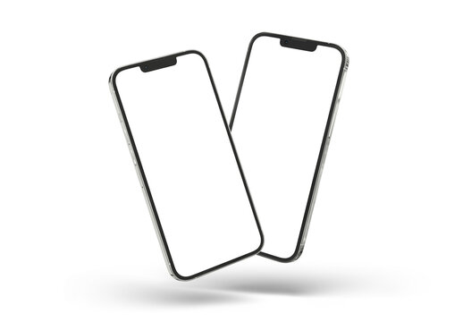 Two modern smartphones isolated on transparent background. Floating mobile phones silver color. 3D rendering