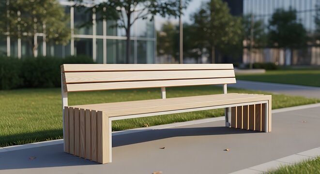 Modern wooden park bench on paved walkway with blurred green background