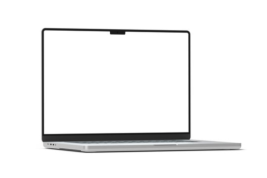 Modern laptop screen isolated on transparent background with shadows. Silver color. Side view of a modern computer. 3d rendering