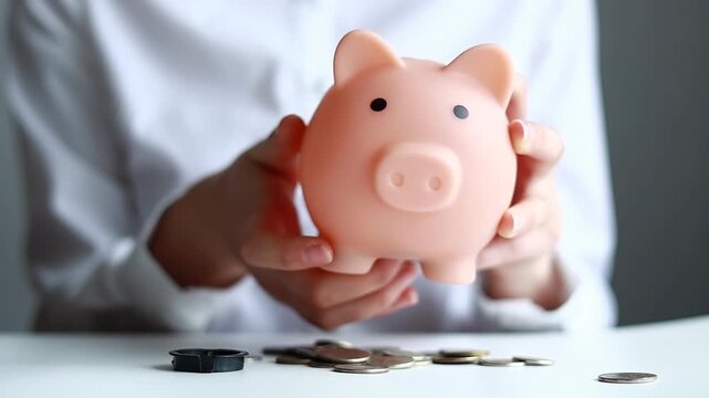 Person holds a piggy bank and coins are scattered on the table during a savings activity.
