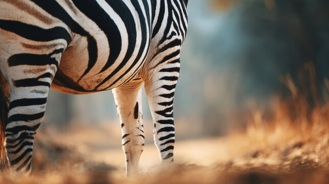 Zebra hindquarters revealing the animal's distinctive striped pattern and powerful legs in a savanna environment
