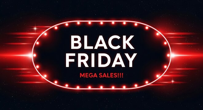 Black friday mega sale illuminated neon sign with red and black background