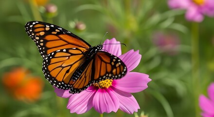 Obraz premium Monarch butterfly on pink flower close up with blurred green background