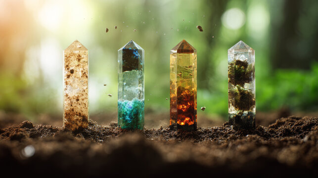 Four transparent crystal pillars immersed in rich soil, each encapsulating different fundamental elements of nature, earth, water, fire, and life