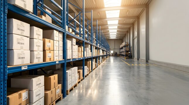 Large industrial warehouse interior featuring blue metal shelving racks filled with labeled cardboard boxes, polished concrete floor, and natural sunlight through ceiling skylights.
